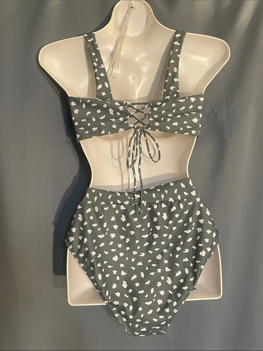 High-Waist V-Notch Bikini Set in Sage with White Spot